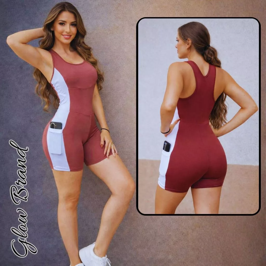 Macaquinho Feminino 100% Zero Transparência  Com Bolso } Alta Compressão Macacão Básico Elegante Roupas de Academia Fit — imagem 1