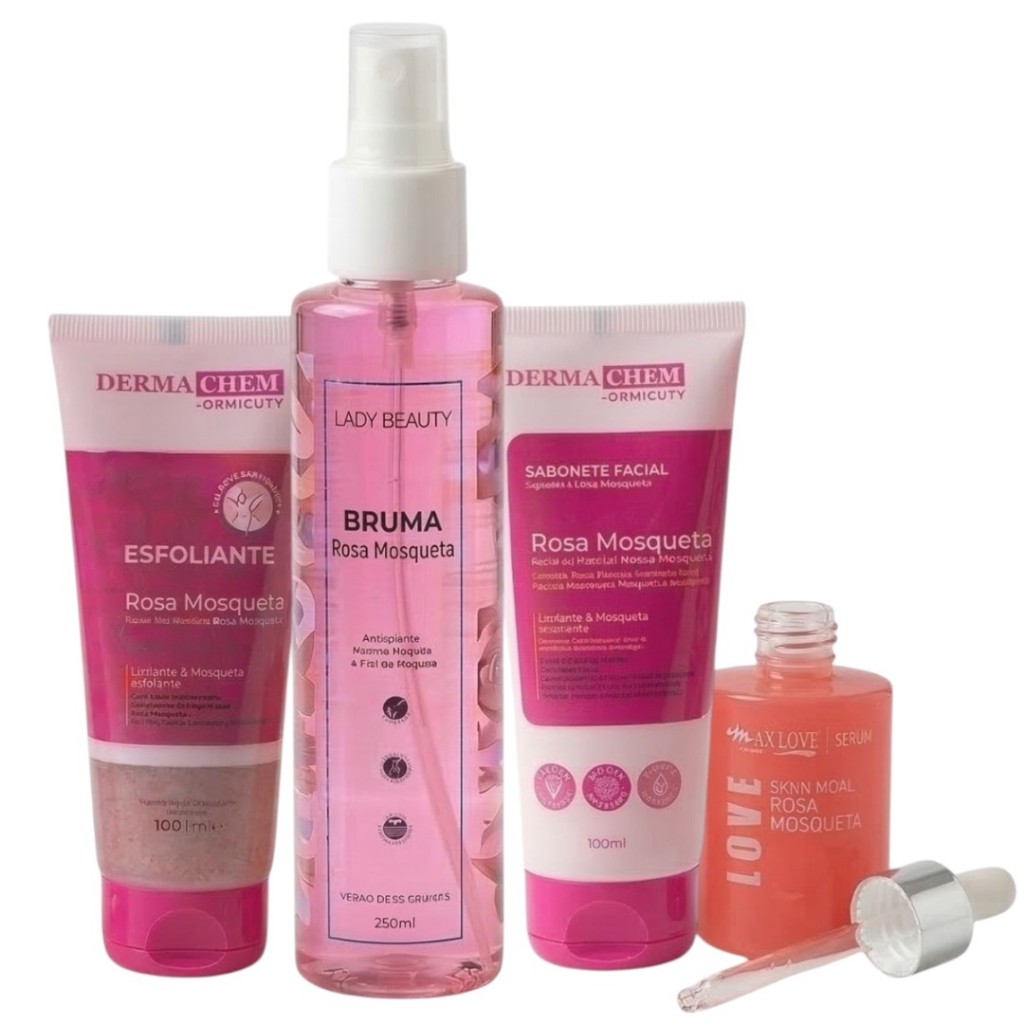 Kit Skincare Rosa Mosqueta Bruma Sérum Esfoliante Sabonete Presente Dia das Mães Namorados Completo