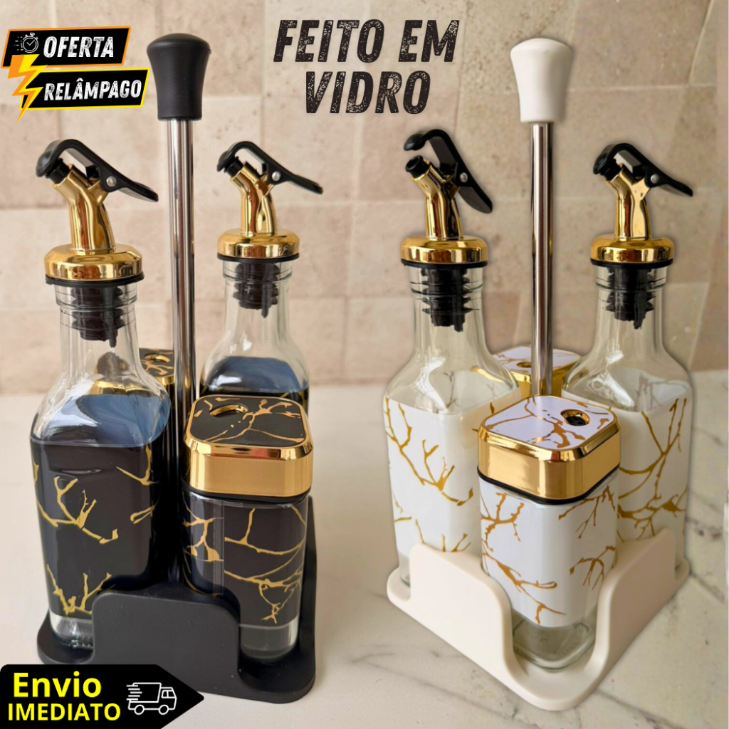 Kit Galheteiro com Suporte Vidro Marmore Porta Azeite Vinagre Óleo Saleiro Paliteiro Grande 4 Peças em Oferta na Shopee
