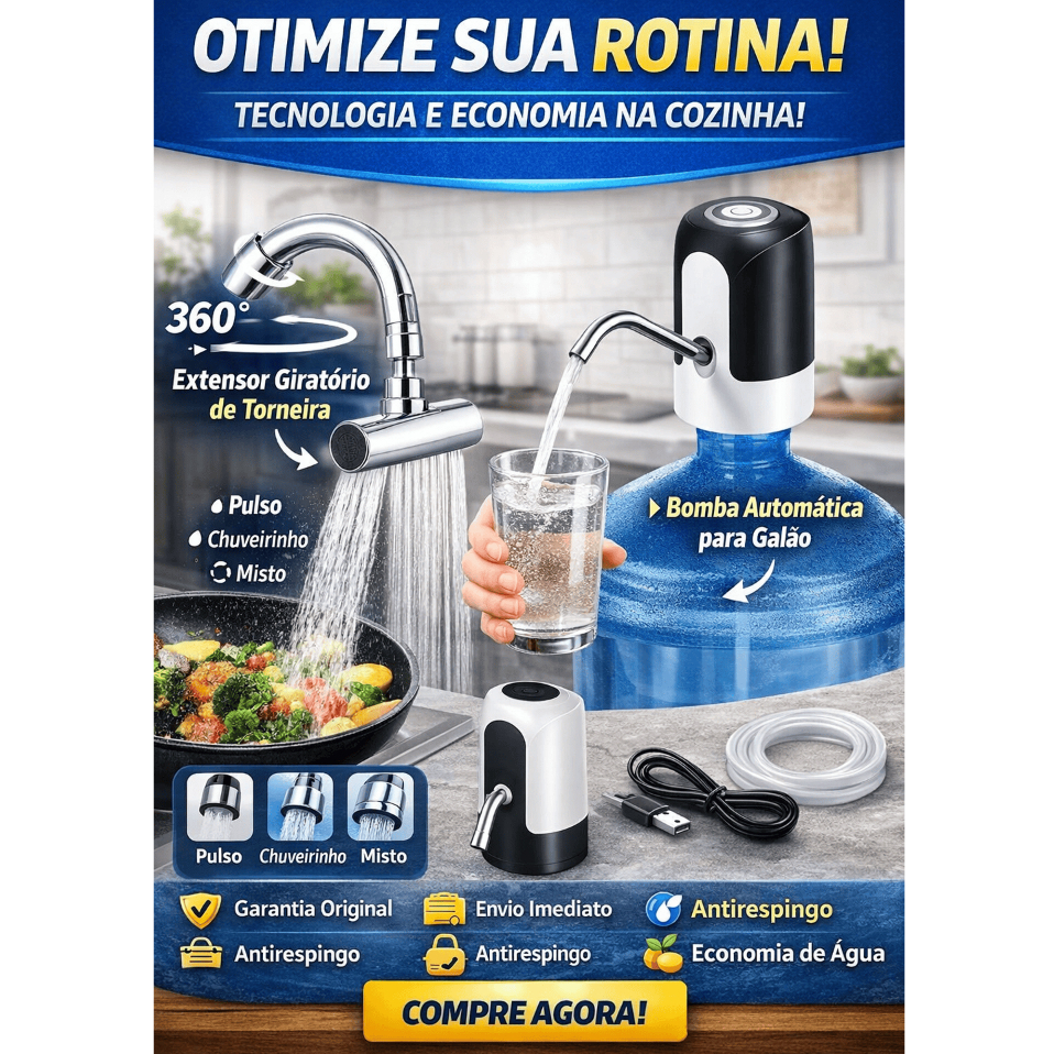 Kit Cozinha Prática Extensor Torneira 360° + Bomba Elétrica Galão Água Recarregável USB Original