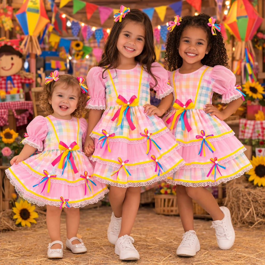 VESTIDO FESTA JUNINA MENINA XADREZ ROSA SÃO JOÃO QUADRILHA ARRAIÁ INFANTIL