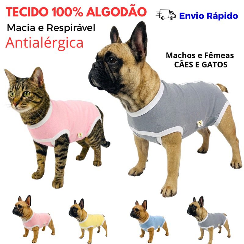 ROUPAS PÓS CIRURGICA OU CASTRAÇÃO PARA CACHORROS E GATOS, AZUL, ROSA, CINZA, TECIDO ALGODAO 100%