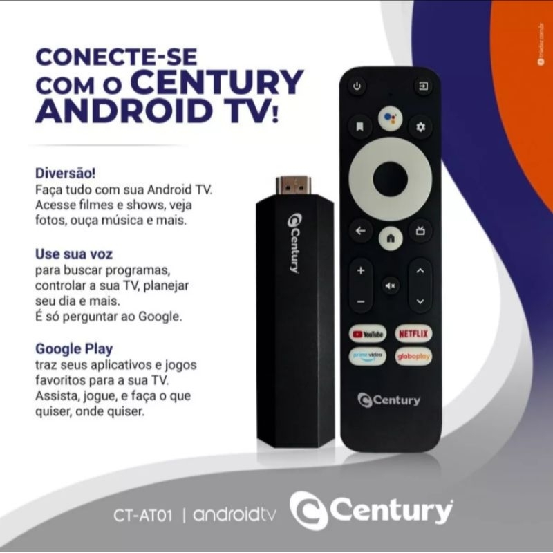Receptor Century Smart TV Android Stick Full HD 8GB Comando De Voz, CT-ATV01