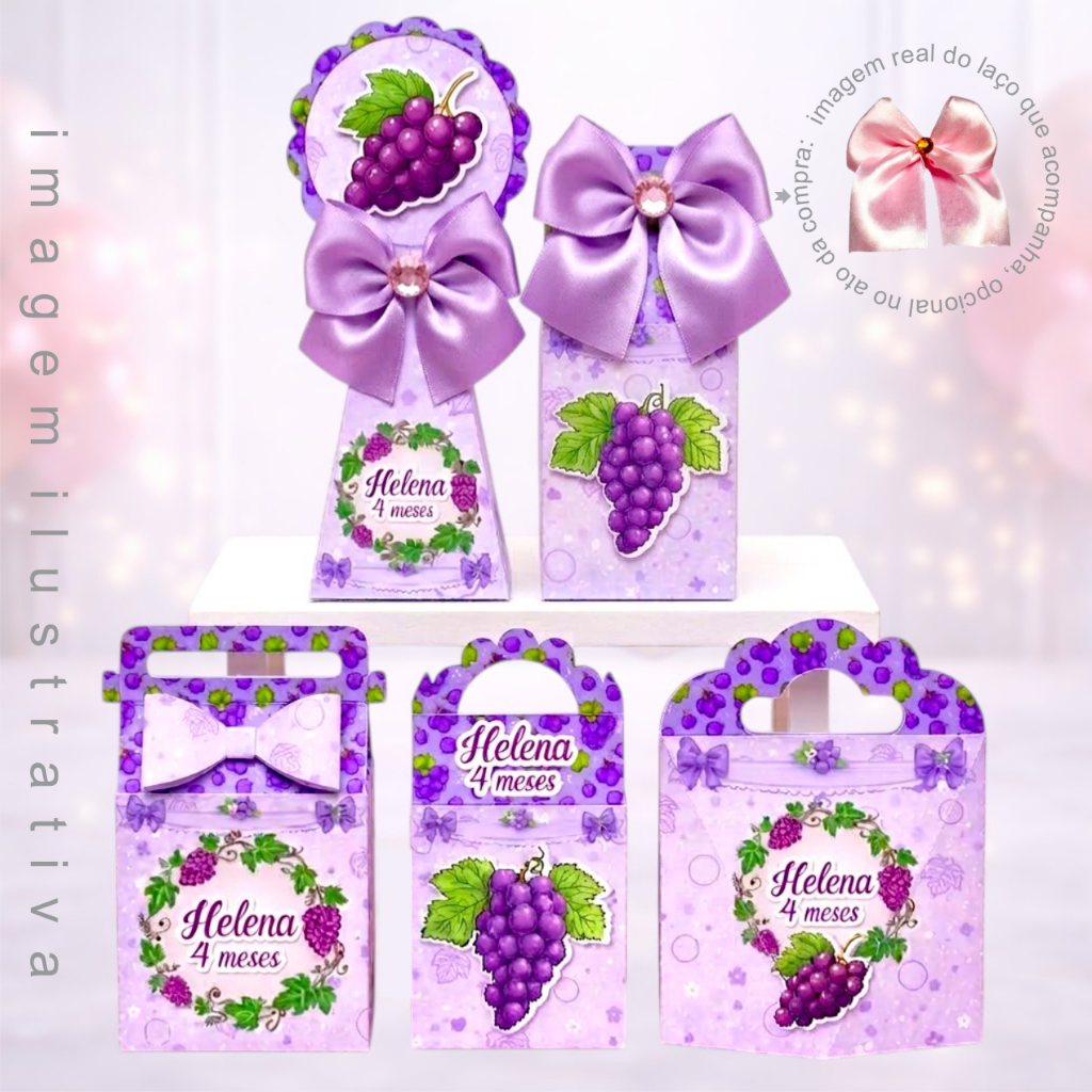 Kit Caixinhas Personalizadas Tema Uva Uvinha mesversário Lembrancinhas Aniversário Pegue e Monte