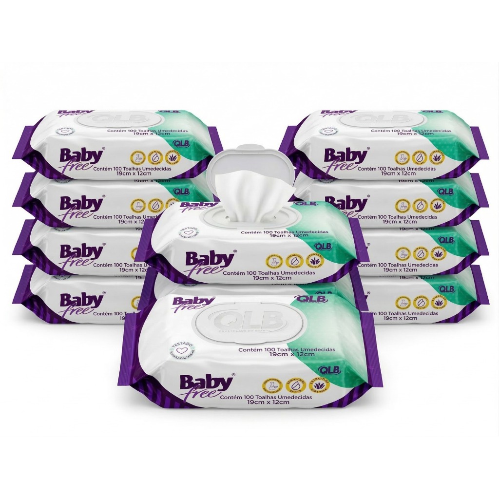 Caixa com 10 Lenços/Toalhas Umedecidas Baby Free c/ 100 Unidades Cada – Tampa FlipTop em Oferta na Shopee