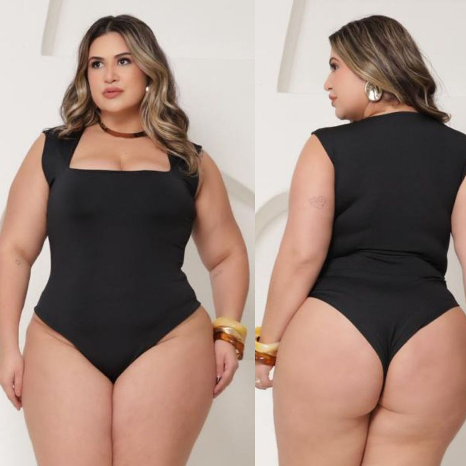 Body Feminino Decote Quadrado Alça Larga Plus Size Com Forro Frontal Básico Suplex Romantic