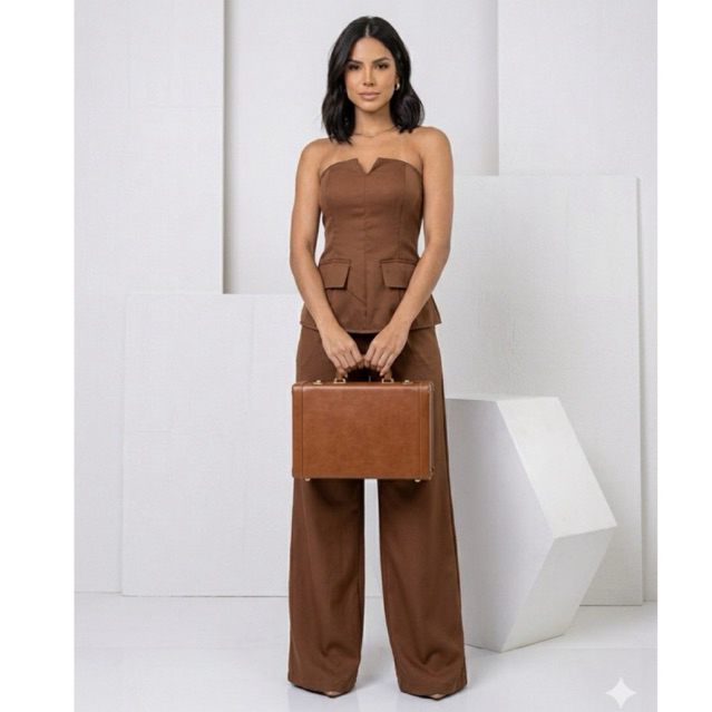 CONJUNTO ALFAITARIA FEMININO CASUAL,CALSA PANTALONA ,TOP TOMARA QUE CAIA  ELEGANTE