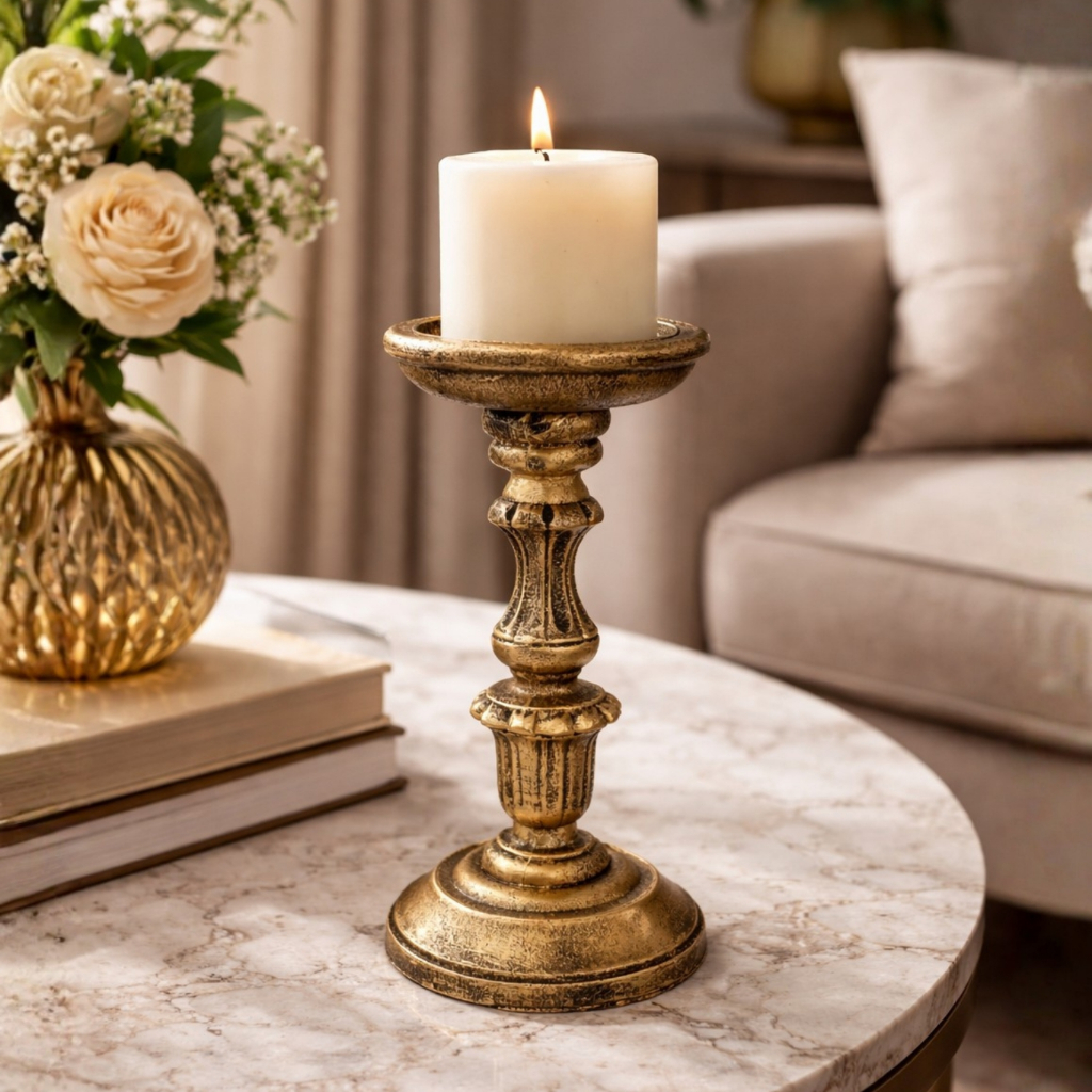Castiçal Decorativo Dourado Porta Vela Clássico Vintage Luxo Resina Sala Mesa Decoração