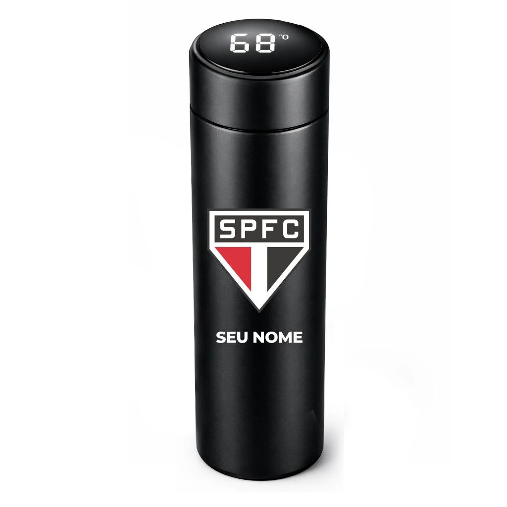 Garrafa Térmica 500mL Aço Inoxidável Time de Futebol São Paulo Com Medidor de Temperatura Digital