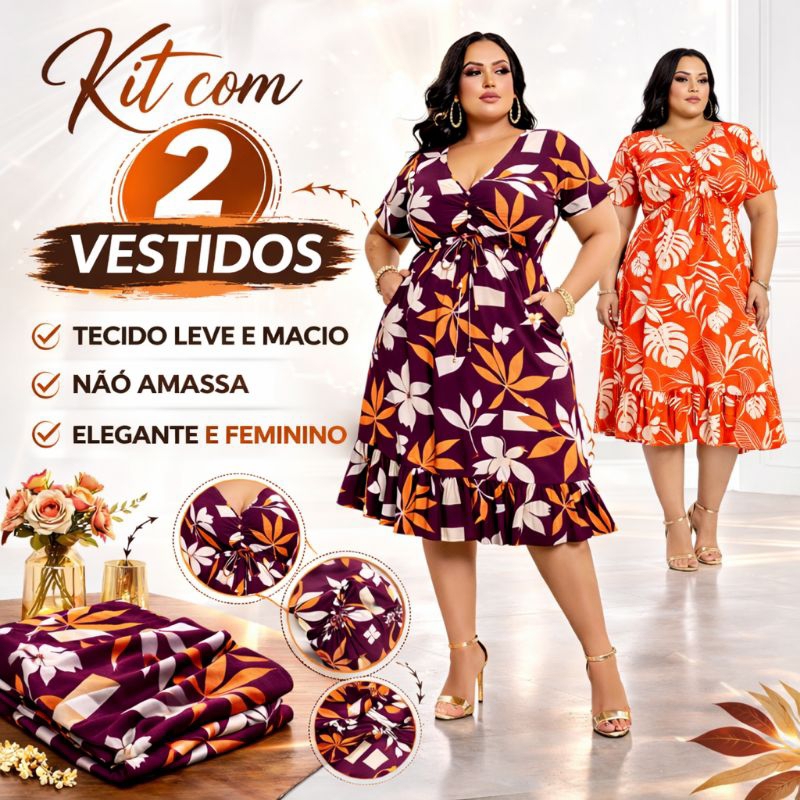 kit 2 Vestidos Feminino Mídi Estampado Lançamento Ajustável Evangélica Elegante Vestido G GG EXG
