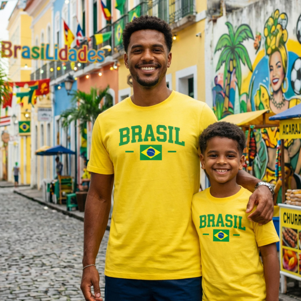 Kit Pai e Filho Camiseta Brasil Copa do Mundo Algodão Premium - Envio Imediato Promoção Blusa 100% Algodão Cores