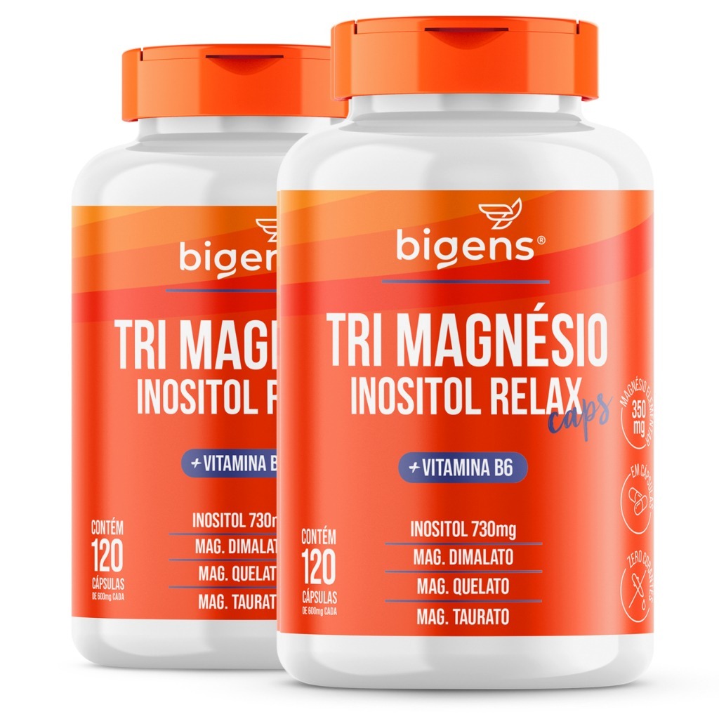 Kit 2x Tri Magnésio (dimalato, quelato e taurato) Inositol Relax, Vitamina B6, 120 Cápsulas, Bigens