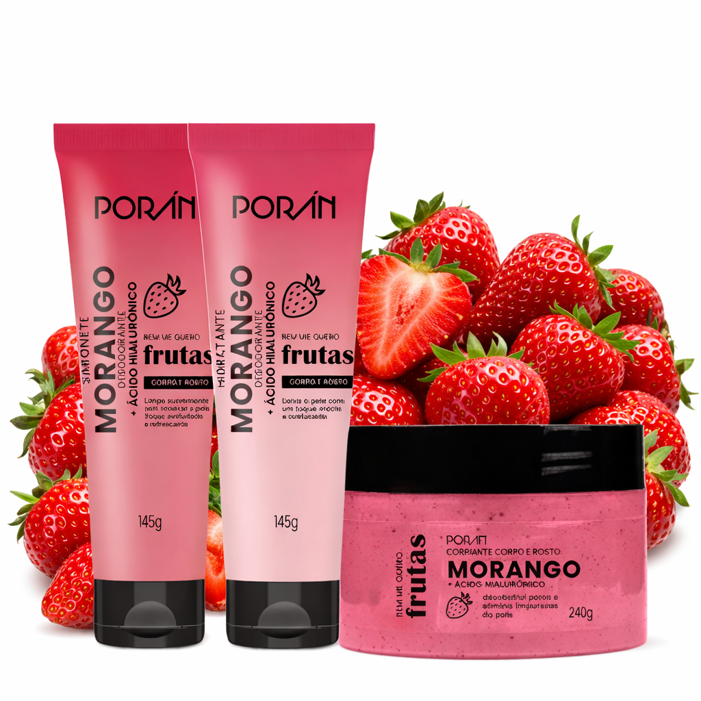 Kit Banho Completo Frutas Morango Sabonete Hidratante Esfoliante Porán em Oferta na Shopee