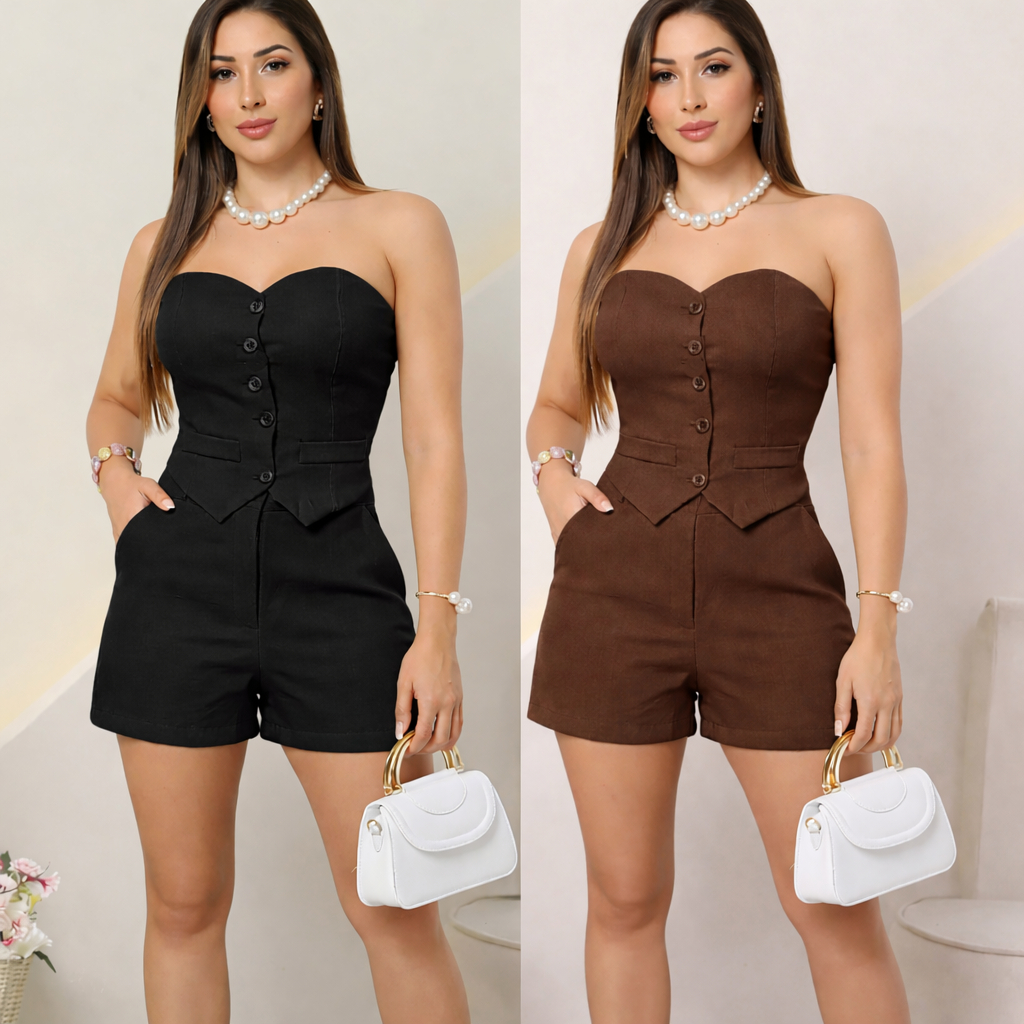 Conjunto Bia Alfaiataria Feminino Colete Tomara que caia com Botão Short Curto Social Elegante e Sofisticado Moda Verão