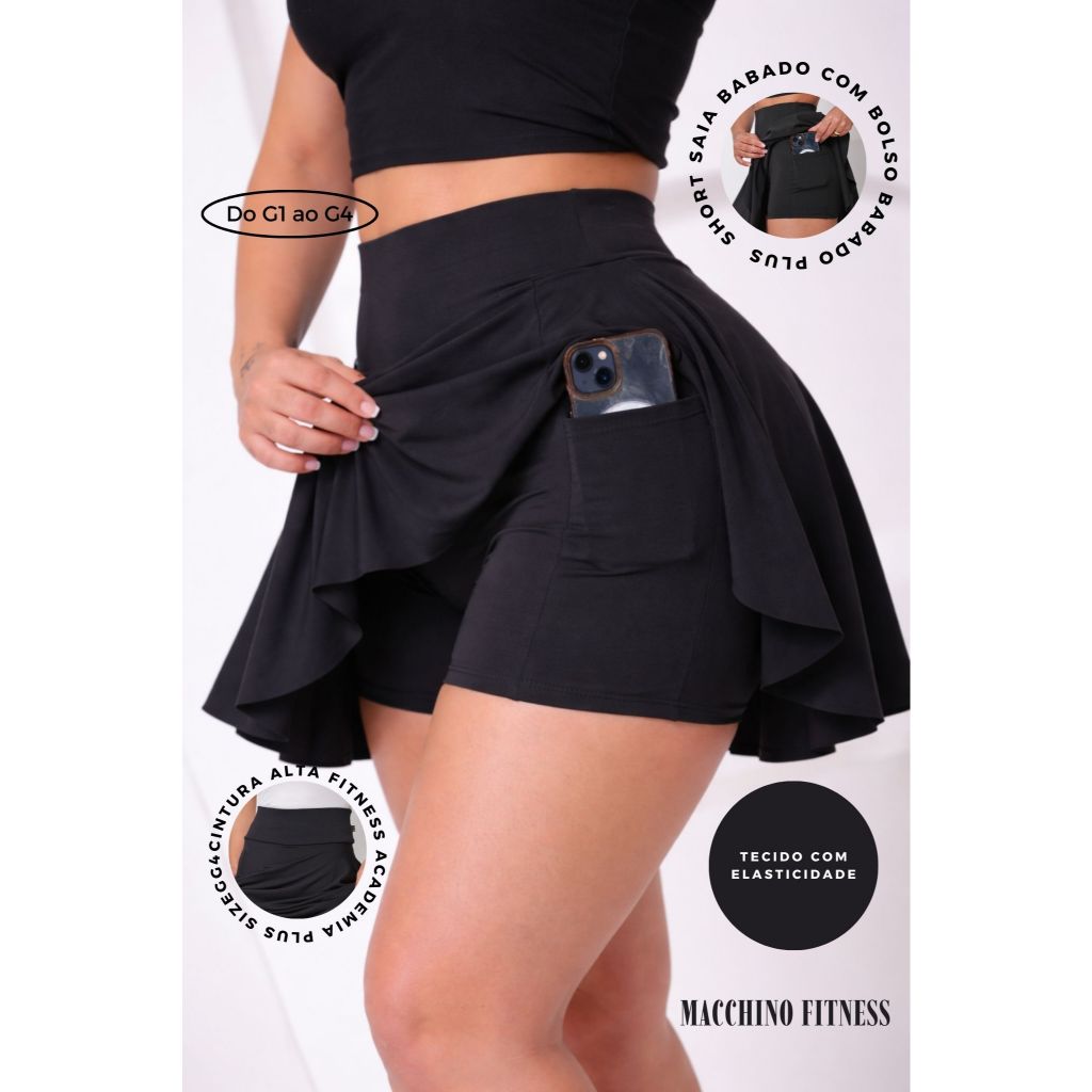 Short Saia Babado Com bolso Plus Size Tapa Bumbum Suplex Fitness WOLFOX
