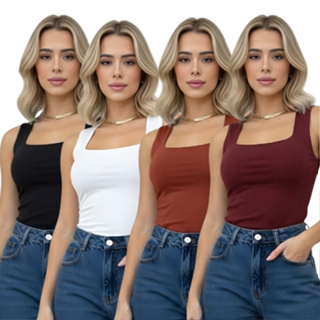 Kit 4 Regatas Feminina Decote Quadrado Suplex Lisa Elegante Tendencia Verao Blogueira Fashion em Oferta na Shopee