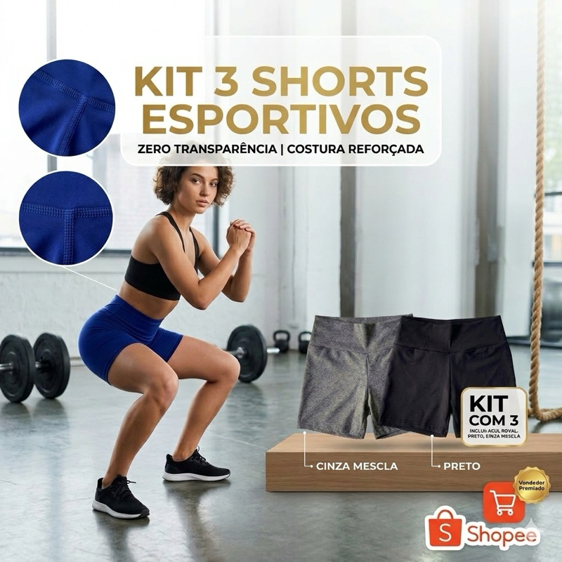 Kit 3 Shorts Fitness Feminino Academia Cintura Alta Zero Transparência Treino Bermuda Feminina