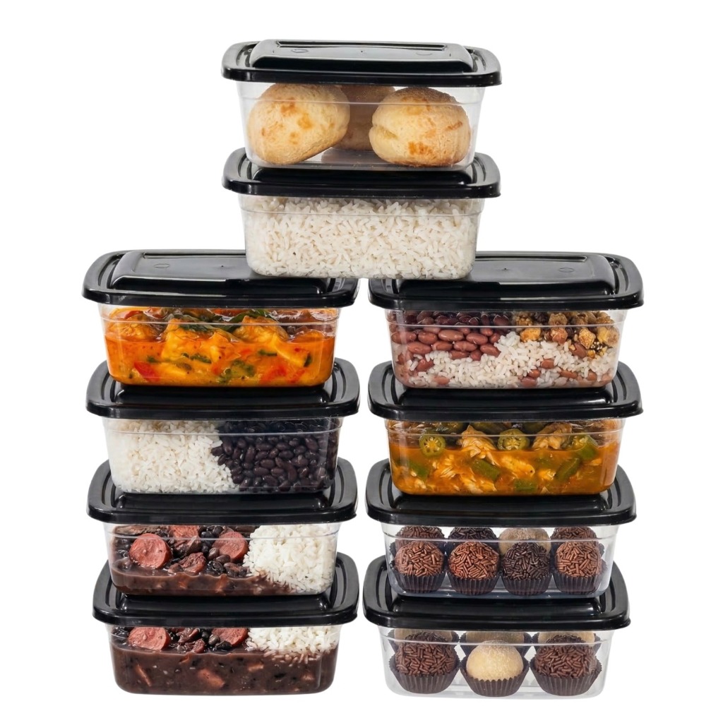 Kit 20 Potes Marmitas 1.000ml 1L Vasilhas Transparente Tampa Preta BPA FREE Cozinha Microondas