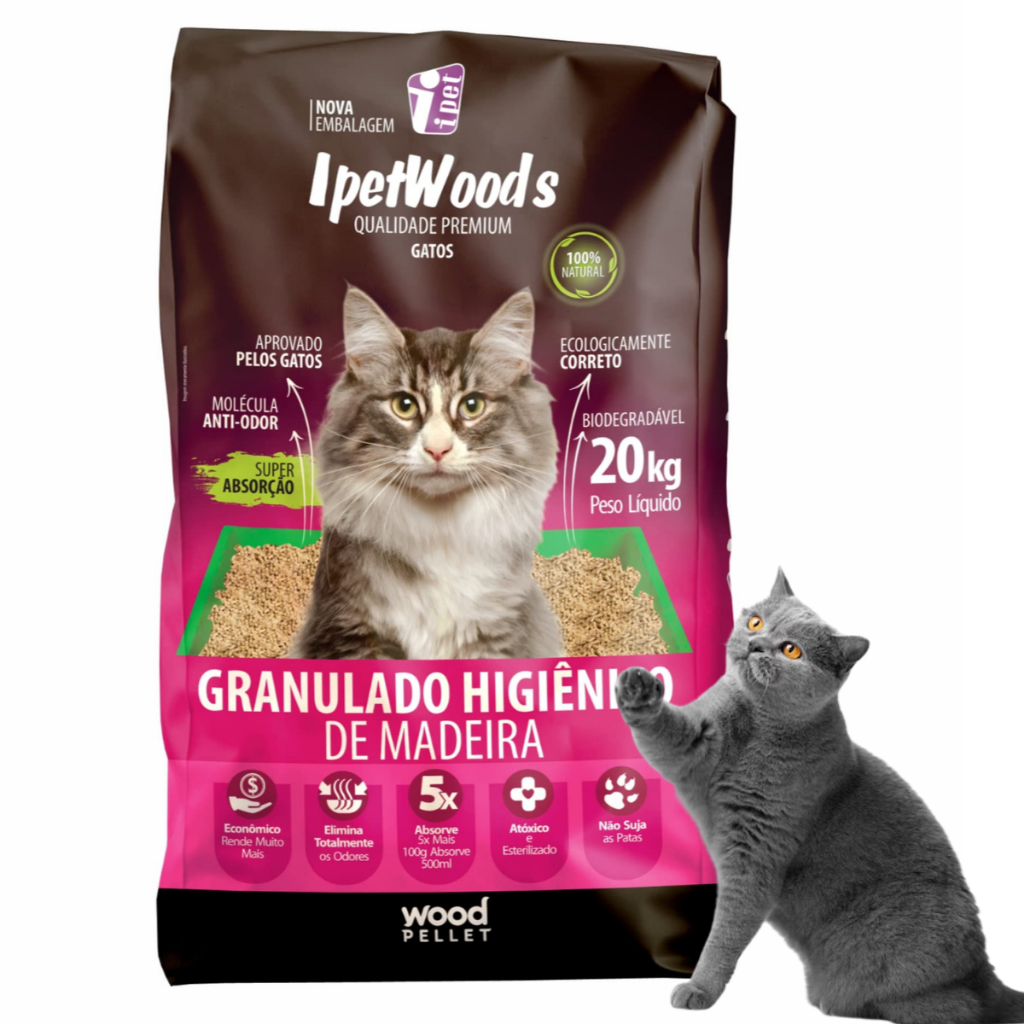 Granulado Higiênico de Madeira para Gatos Ipet Woods 20kg