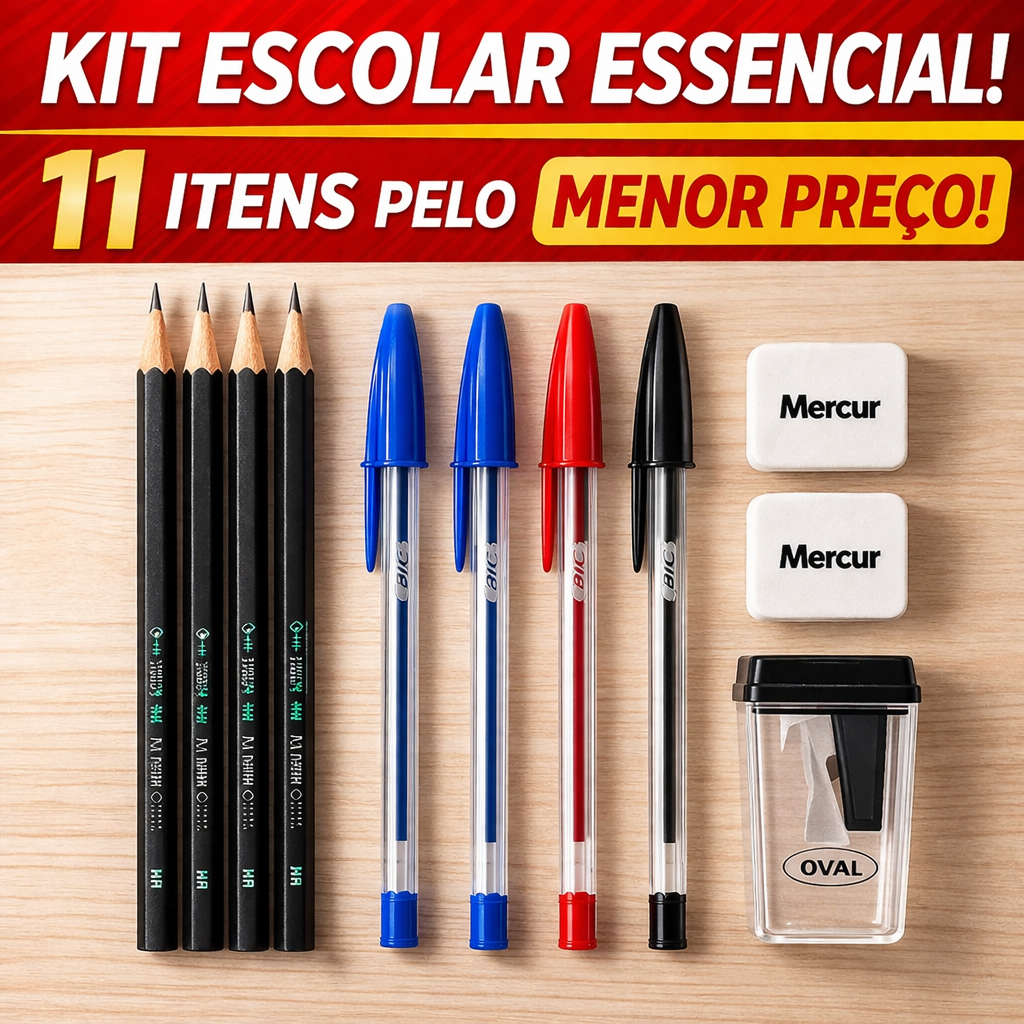 Kit Escolar Essencial 11 Itens Caneta Bic + Lápis + Borracha + Apontador Material Escolar