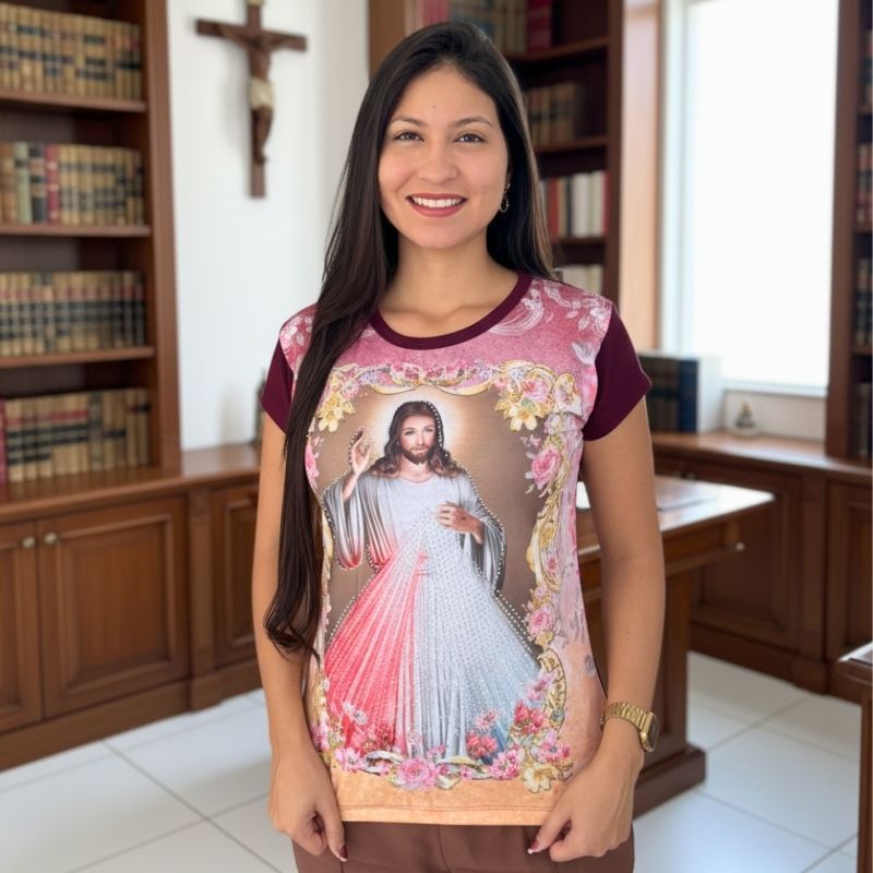 Camiseta Camisa Baby Look Feminina Jesus Misericordioso em Oferta na Shopee