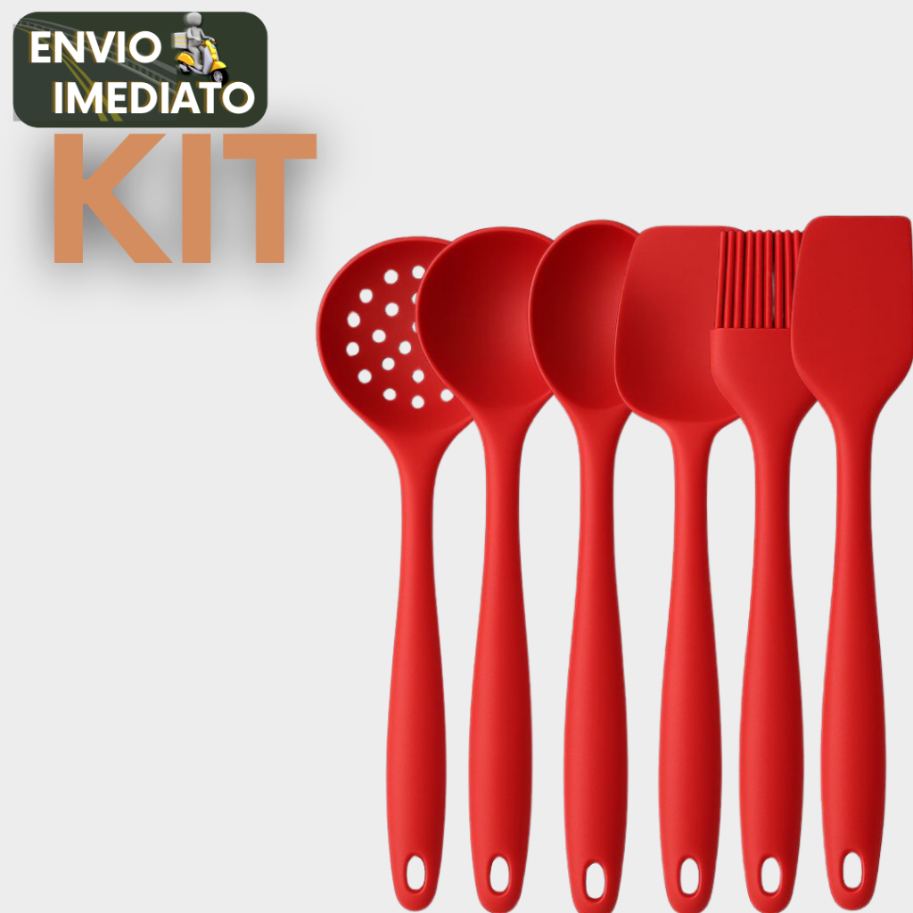 Kit Com 06 Utensílios De Cozinha Premium Silicone Preto Vermelho Refeições Domicílios Restaurantes
