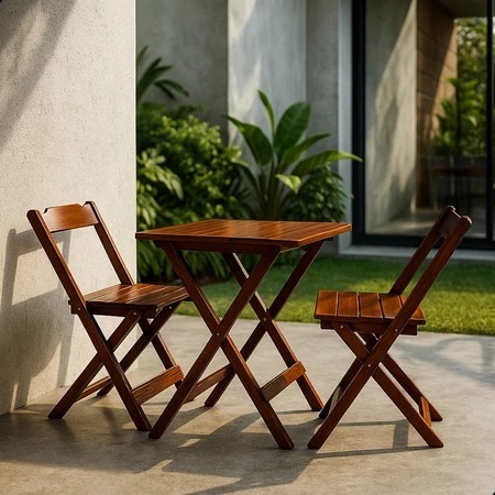Conjunto Mesa Dobrável 70x70 + 2 Cadeiras em Madeira – Mel, Imbuia e Preto