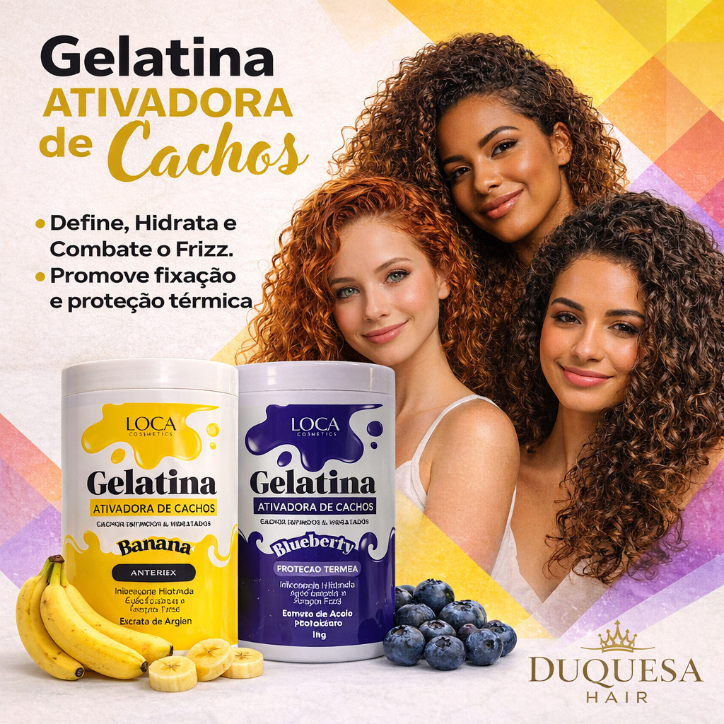 Kit 2 Un Gelatina Ativadora de Cachos - Loca Comestics - 1kg | Banana & Blueberry