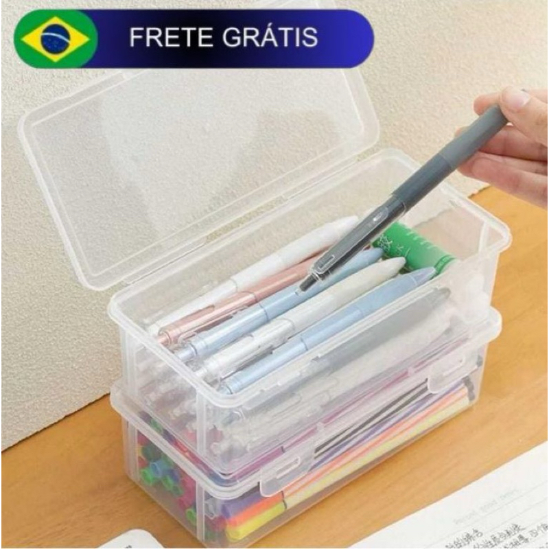 Organizador de mesa escritório para lápis caneta papelaria plástico multiuso com tampa e trava