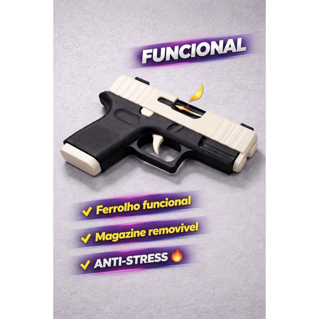 Mini Glock Antiestresse com Ferrolho Móvel - Chaveiro Tático Fidget Toy / Mochila / Chave