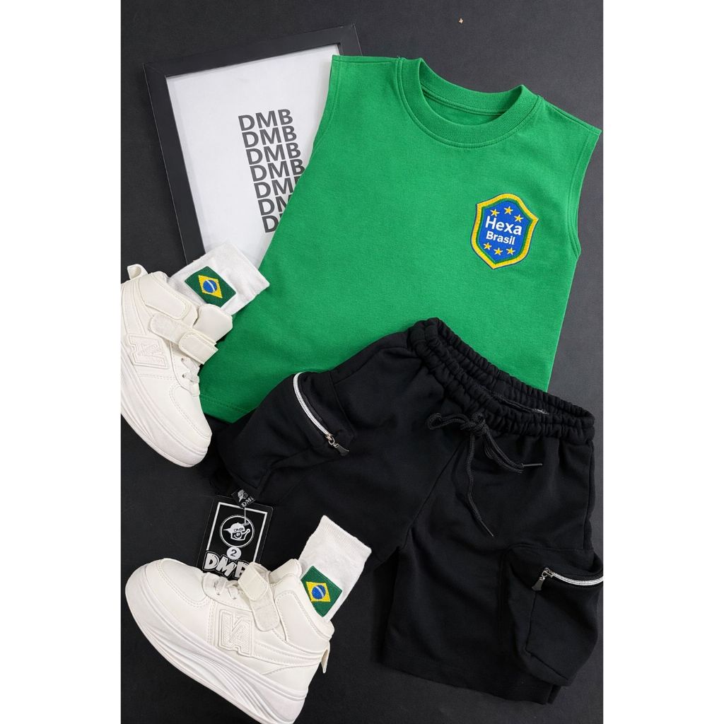 conjunto infantil menino shorts e regata 2 pcs,BRASIL,COPA DO MUNDO | REGATA verde BRASÃO+FALCON PRETA-2PS