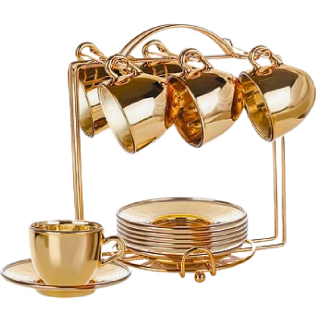 6 Xicaras Café Com Pires 85ml Vidro Dourado Com Suporte