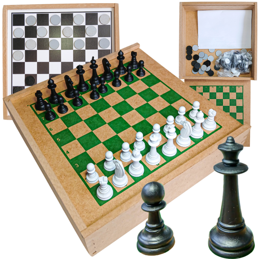 Jogo De Xadrez E Dama Tabuleiro  2x1 Brinquedo Educativo De Madeira