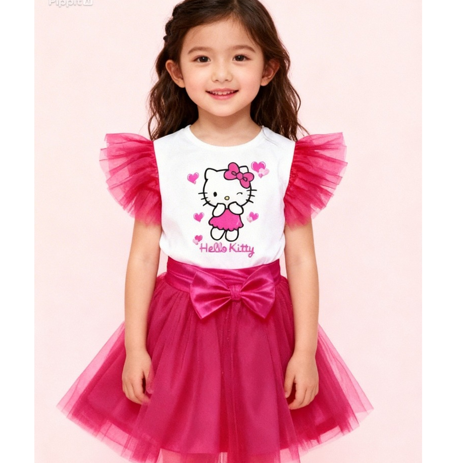 Conjunto Hello- Blusa Manga Tule e Saia Tule Rosa Pink- Meninas