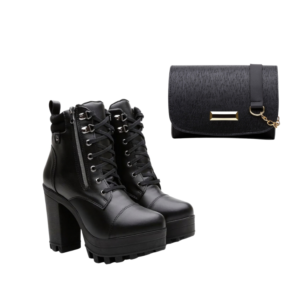 Kit Bota Coturno Tratorado Rockeira Plataforma Feminino Vicerinne + Bolsa Porta Celular Transversal