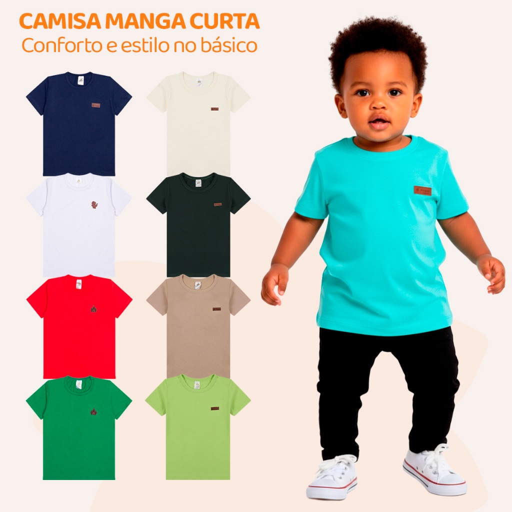 Kit 4 Camisetas Manga Curta Infantil Bebê Menino Básica Lisa Tamanho 2 ao 12