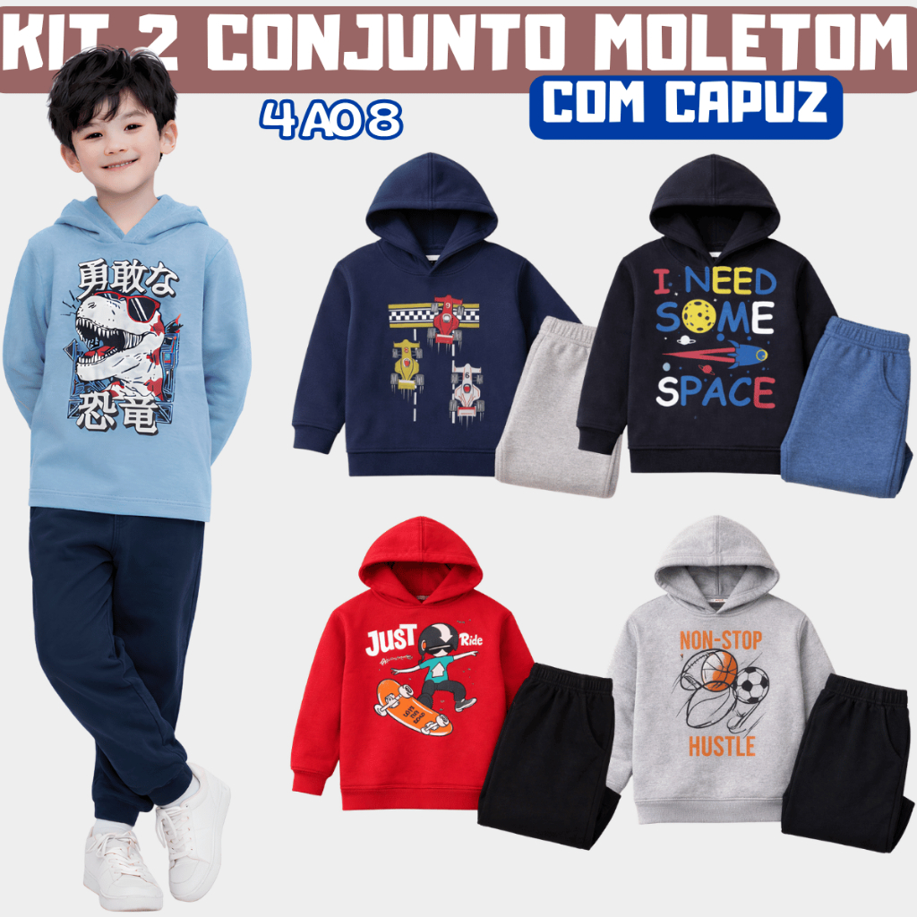 Kit 2 Conjunto Capuz Moletom Masculino Tam 4 ao 8 Inverno Confortável Estampado Gatinho Escola Macio