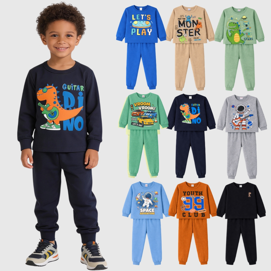 Kit 4 Peças Conjunto Moletom Inverno Infantil Estampado e Liso Menino (2 Conjntos)