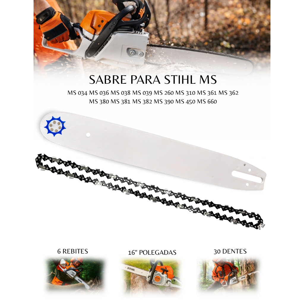 Kit Sabre Barra Facão 16 Polegadas 40CM + Corrente 30 dentes Motosserras Stihl MS038 MS380 MS381 MS382