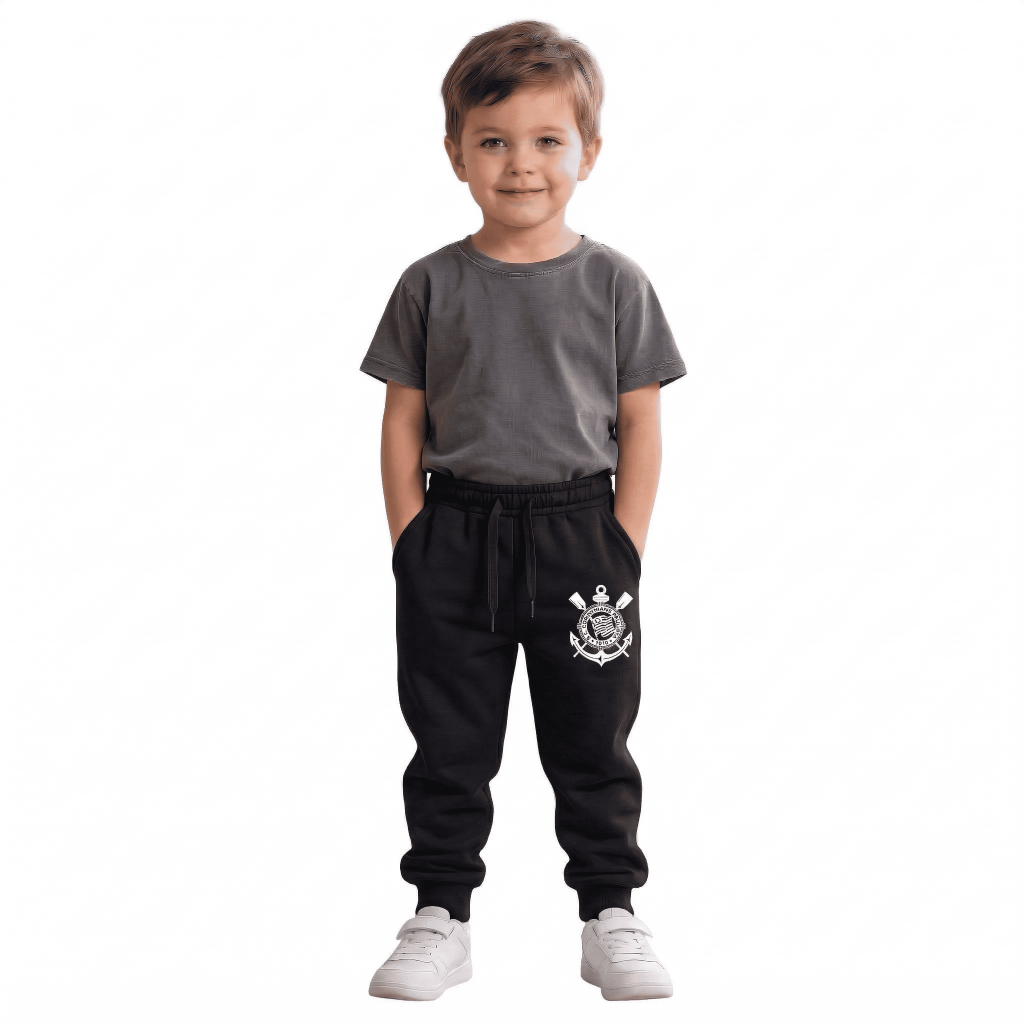 Calça Moletom Flanelada Infantil Futebol Times Corinthians c/ Punho Inverno
