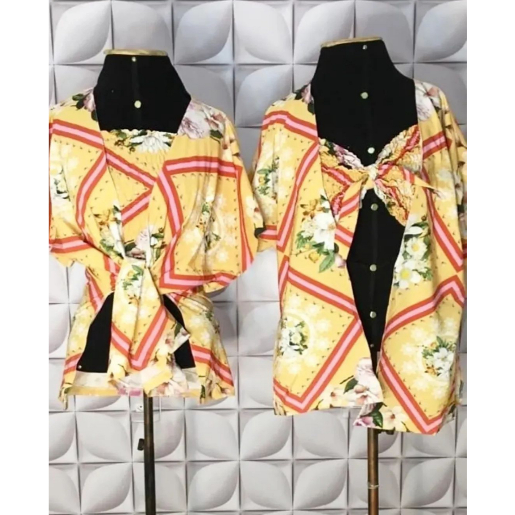 Conjunto kimono e cropped lastex estampas variadas amarelo branco floral amazônia