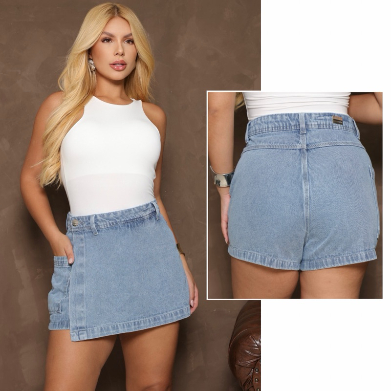 Shorts Saia Jeans Feminino Cintura Alta Jeans Premium em Oferta na Shopee
