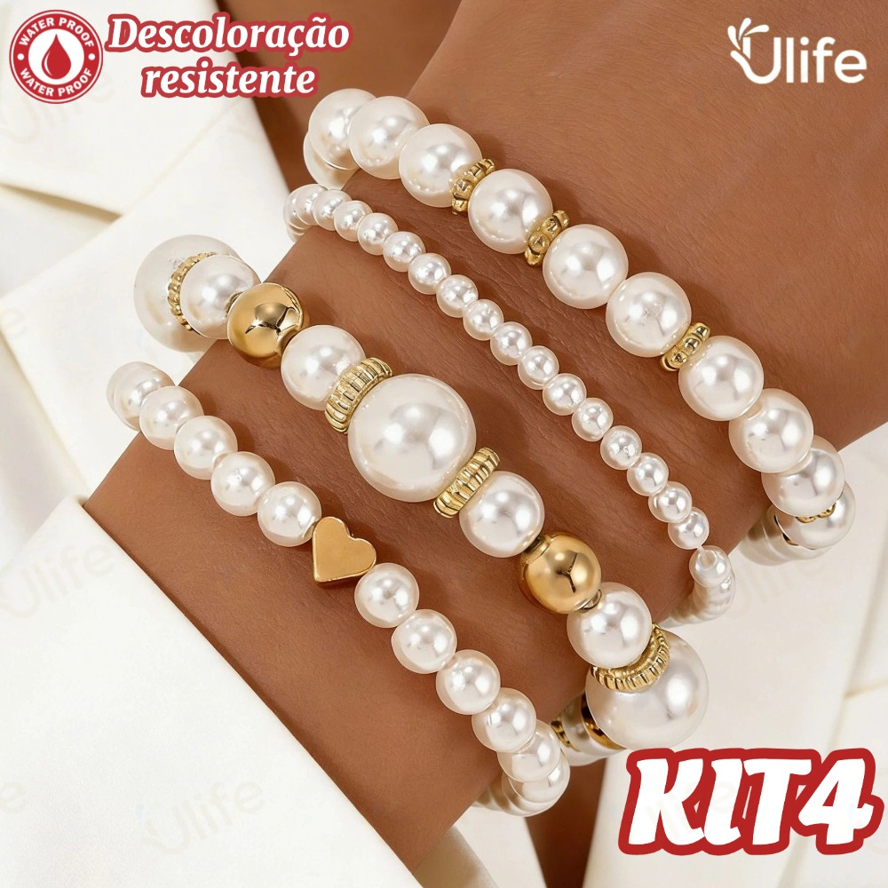 Kit de Pulseiras de Pérola Aprova d'Água - Conjunto com Detalhes Dourados, Pulseiras Femininas