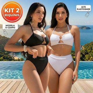Kit 2 Biquini Feminino Cintura Alta Com Amarração Moda Praia Verão Tendência Look Conforto Lux
