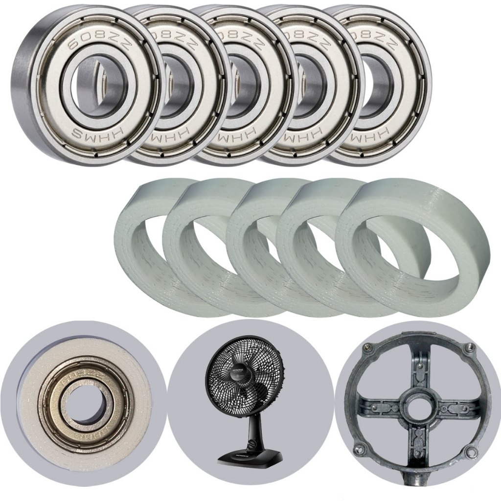 5 Calços Suporte Ventilador + 5 Rolamentos 608ZZ Universal