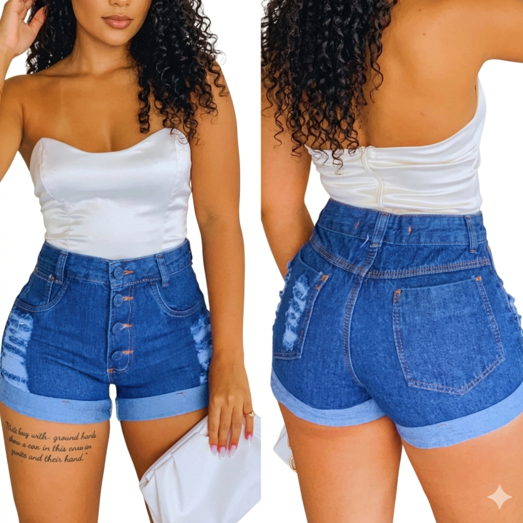 Short Jeans Cintura Alta Feminino Barra Dobrada Modelagem Perfeita Hot Pants Liso com 4 Botões Frontais Destroyed