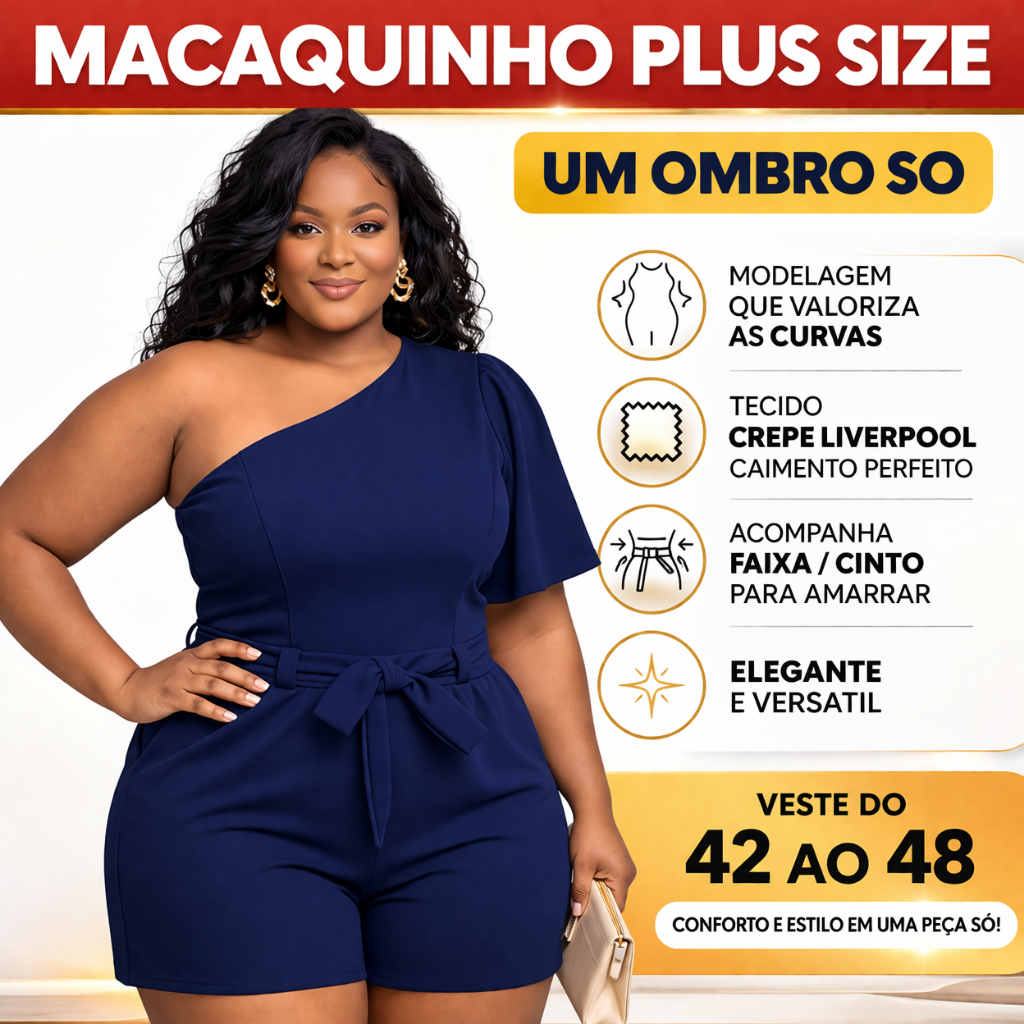 Macaquinho Feminino Plus Size Um Ombro Só em Crepe Liverpool com Cinto – Do 42 ao 48