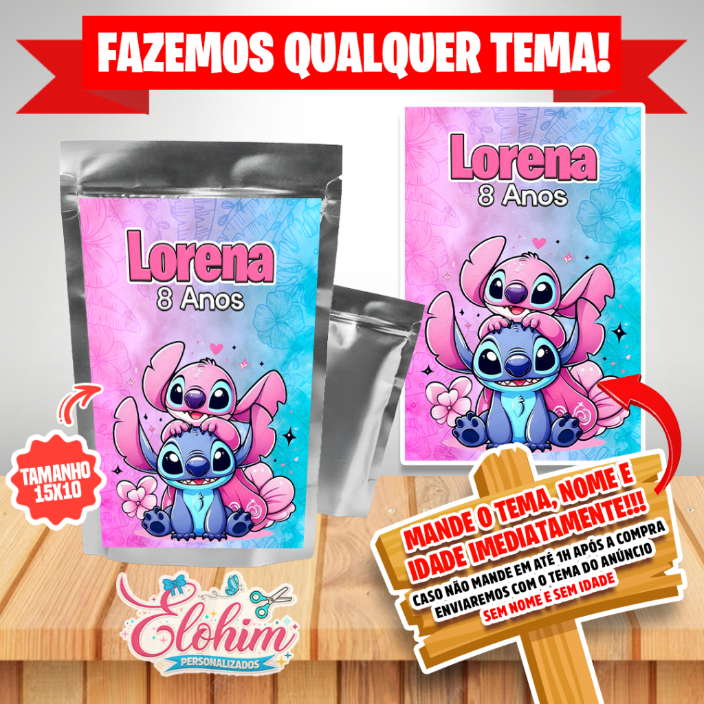 Rótulo Adesivo para personalizar Saquinho Metalizado ZipLock - Stitch e Angel
