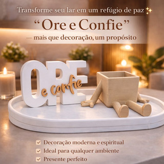 Kit Ore e Confie Decorativo com vaso e Bandeja  moderno cantinho da oração Biblico Letreiro moderno Sala Quarto
