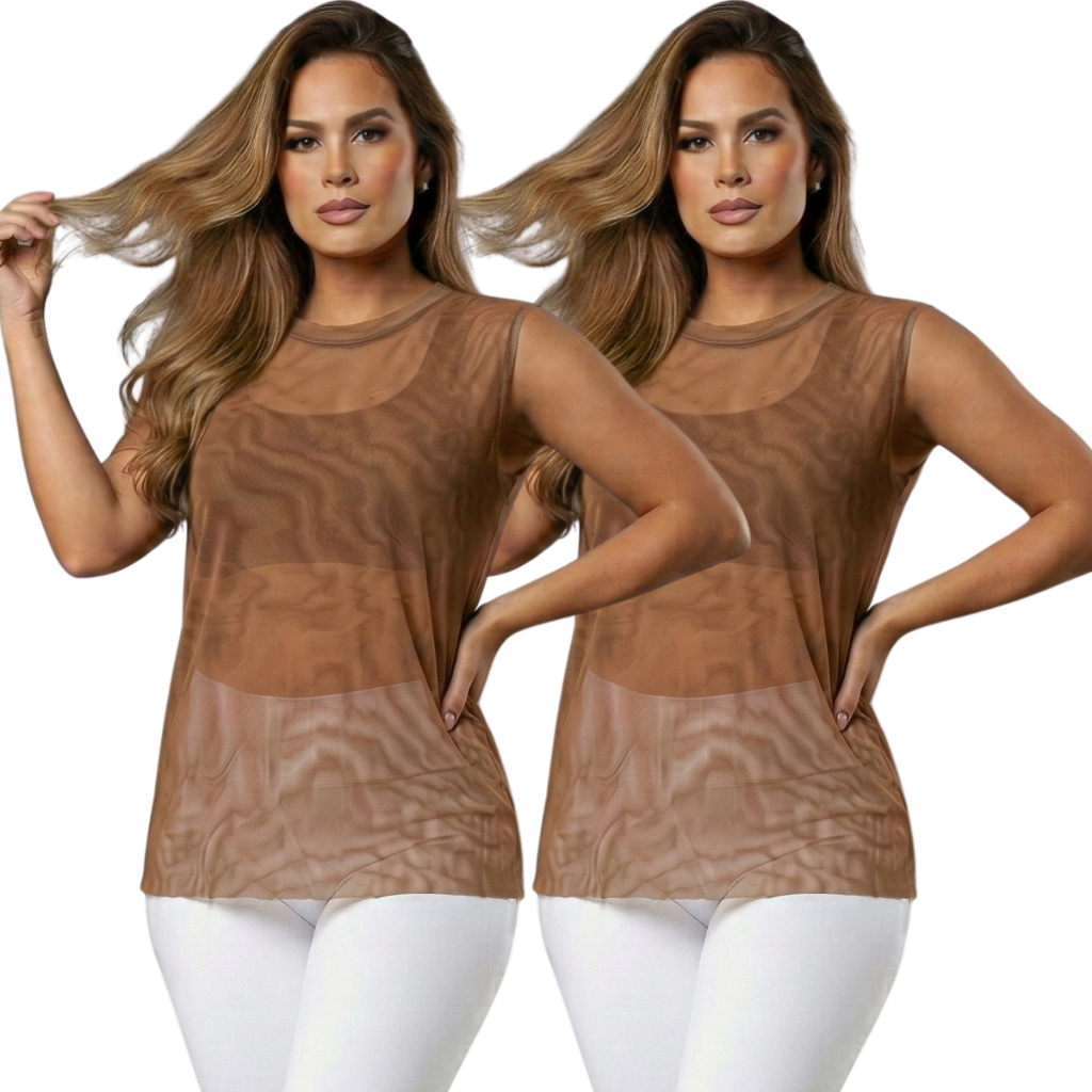 Kit 2 Blusa Feminina Regata Transparente Tule Arrastão Moda Fitness Academia Treino Camisão em Oferta na Shopee